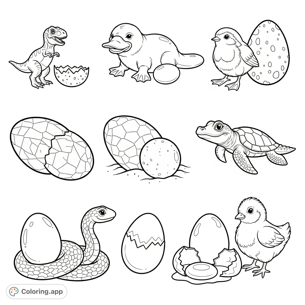 Adorable baby animals with their eggs: T-Rex, platypus, robin, alligator, sea turtle, snake, chicken, and a surprise egg yolk! Perfect for young explorers.