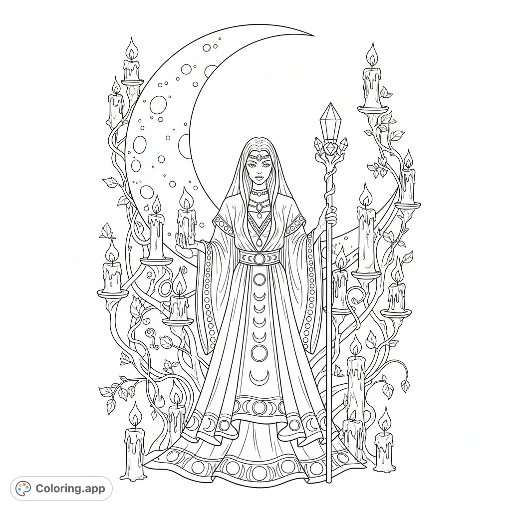 An ethereal moon priestess stands beneath a giant crescent moon, holding a crystal staff, adorned with flowing robes, celestial symbols, candles, and winding vines.