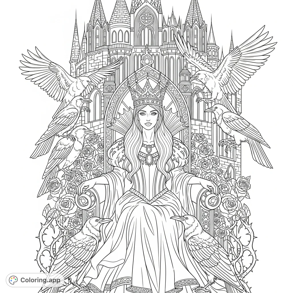 An intricate gothic raven queen on an elaborate throne, surrounded by ravens and roses, with a dramatic castle background. Perfect for adult colorists.
