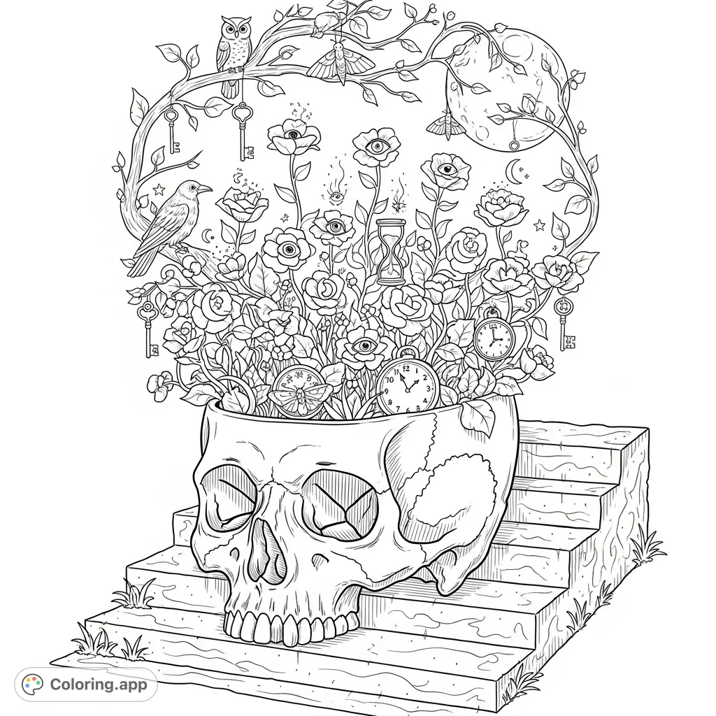 Explore a surreal Mind Garden growing from an ancient skull, featuring intricate vines, night flowers, and hidden symbolic elements for a unique coloring journey.