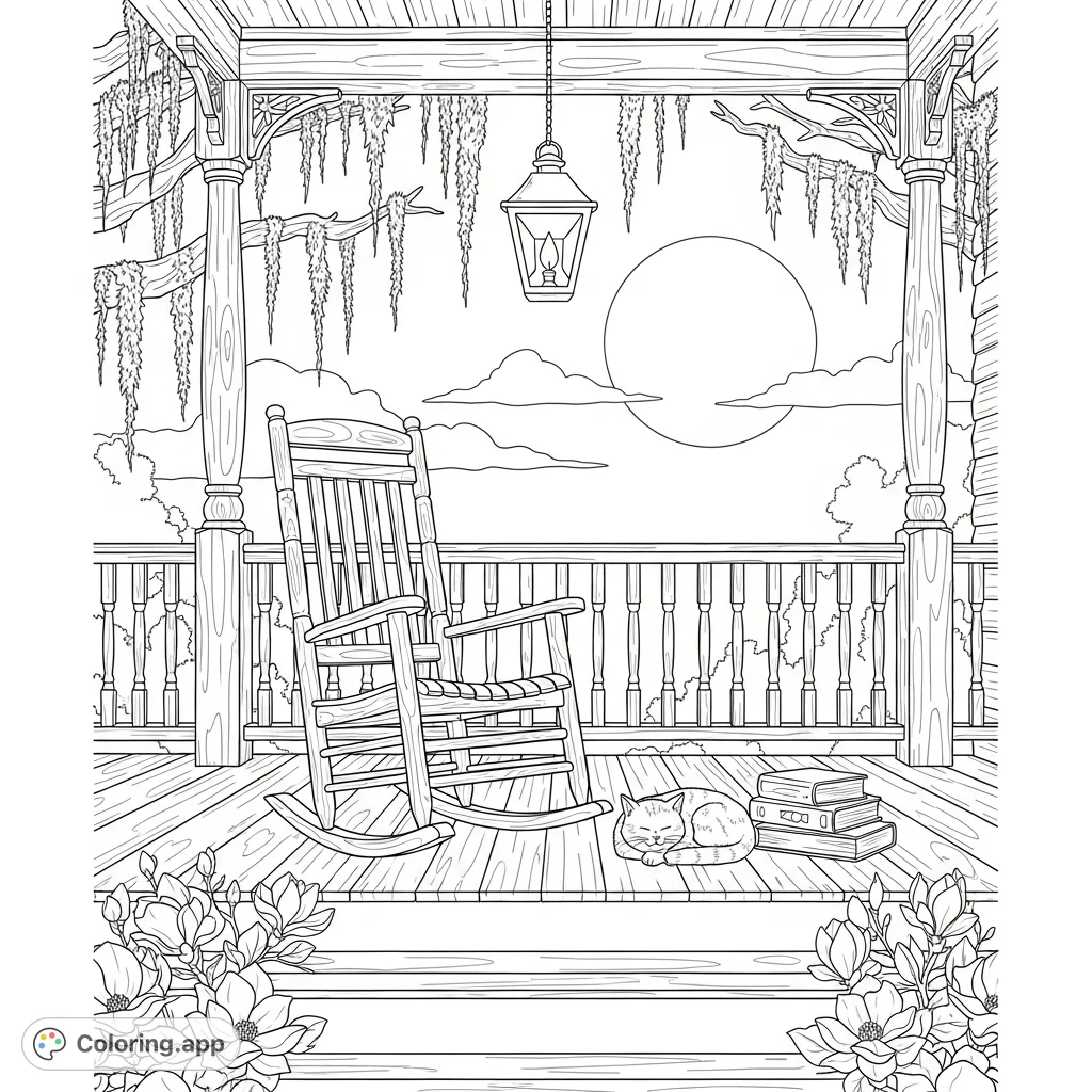 Color a hauntingly beautiful Southern gothic porch scene under a full moon, featuring a sleeping cat, a rocking chair, and intricate architectural details. A free printable coloring page for adults.