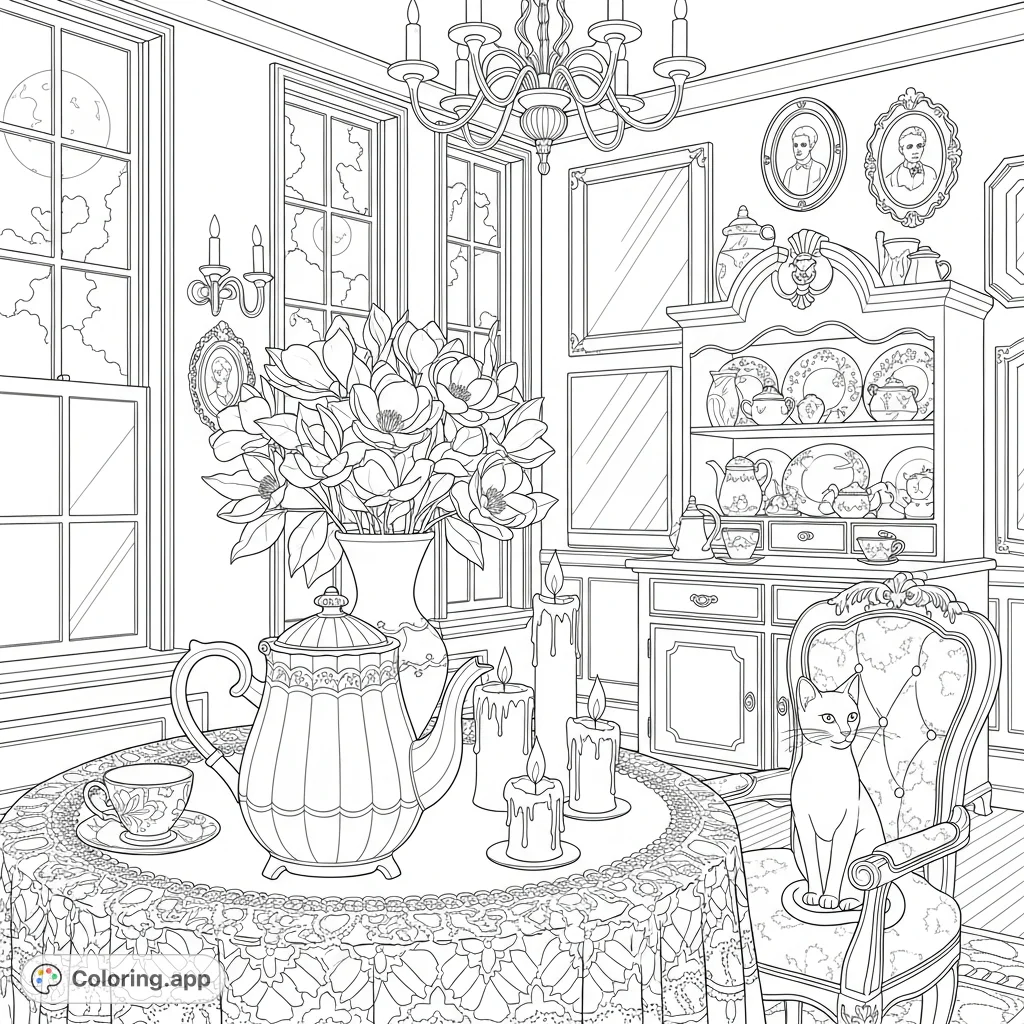 Step into a hauntingly elegant Southern gothic tea room coloring page, featuring antique teaware, lace, magnolias, and a mysterious cat. Intricate details await!