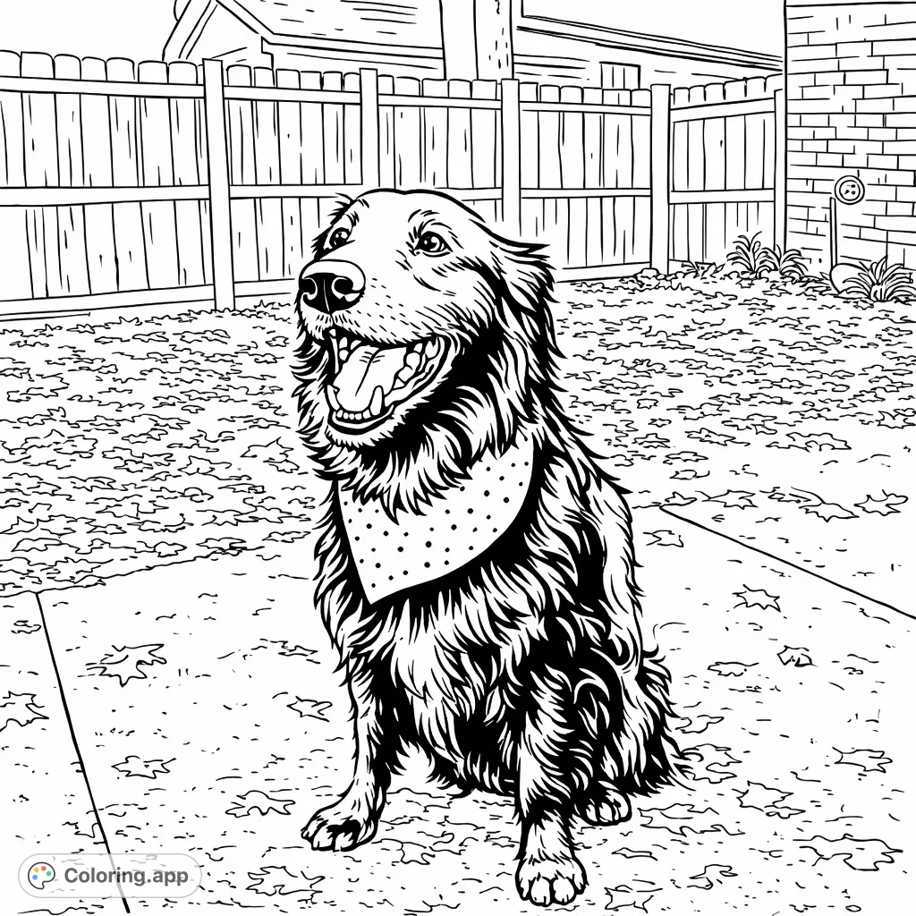 A delightful coloring page featuring a cheerful, shaggy-furred dog wearing a star-patterned bandana, sitting in a backyard setting ready for your creative touch.
