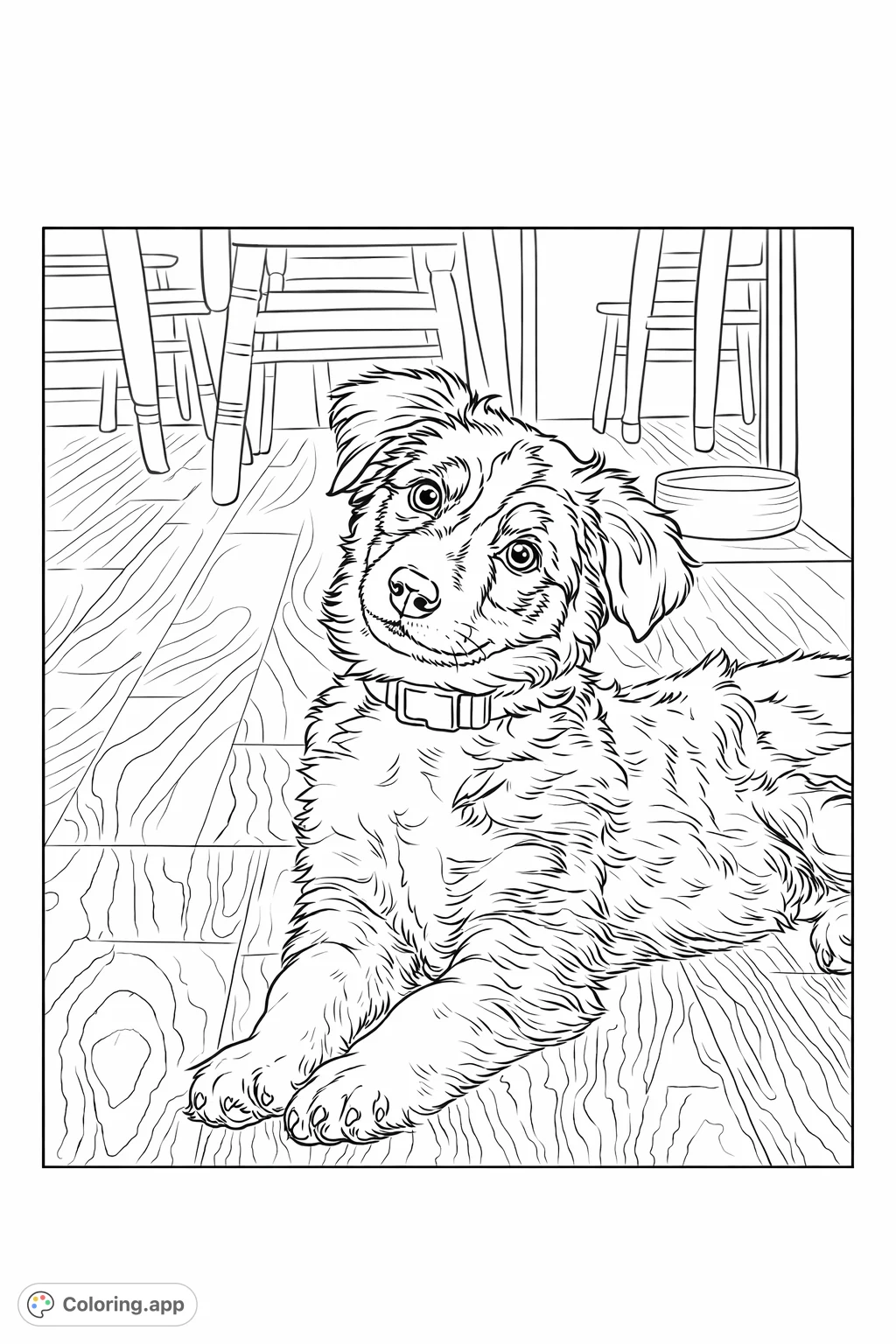 An adorable puppy coloring page featuring a curious dog with unique eye patterns, lying on a wooden floor, perfect for dog lovers of all ages.