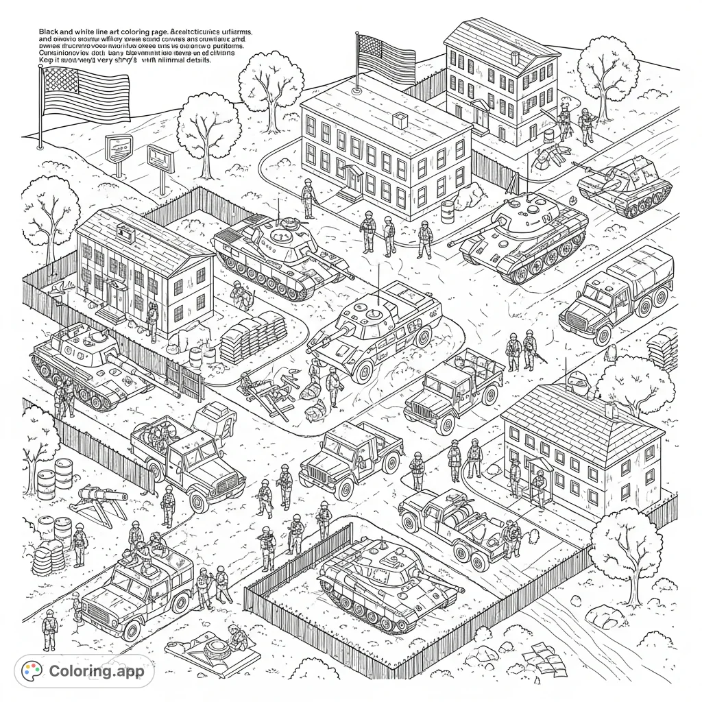 Explore a detailed military base with soldiers, vehicles like tanks and jeeps, multi-story buildings, and equipment. A patriotic scene for creative coloring.
