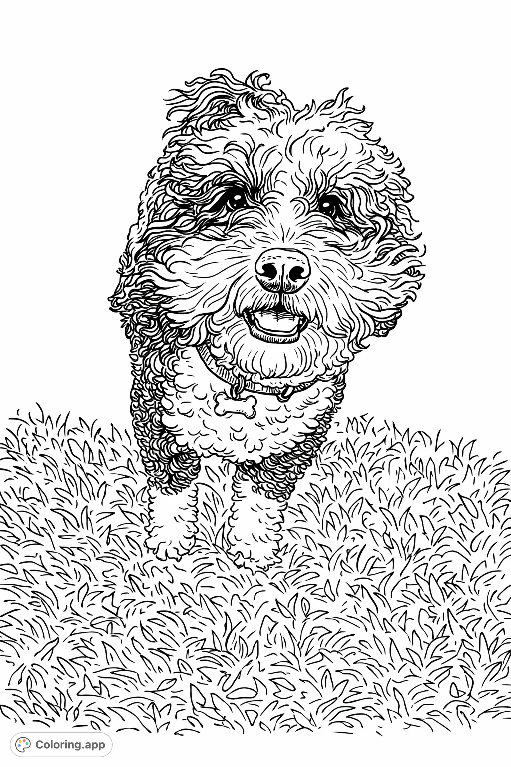 An adorable shaggy dog stands on textured grass, looking up with a charming, playful expression. A delightful scene for dog lovers.