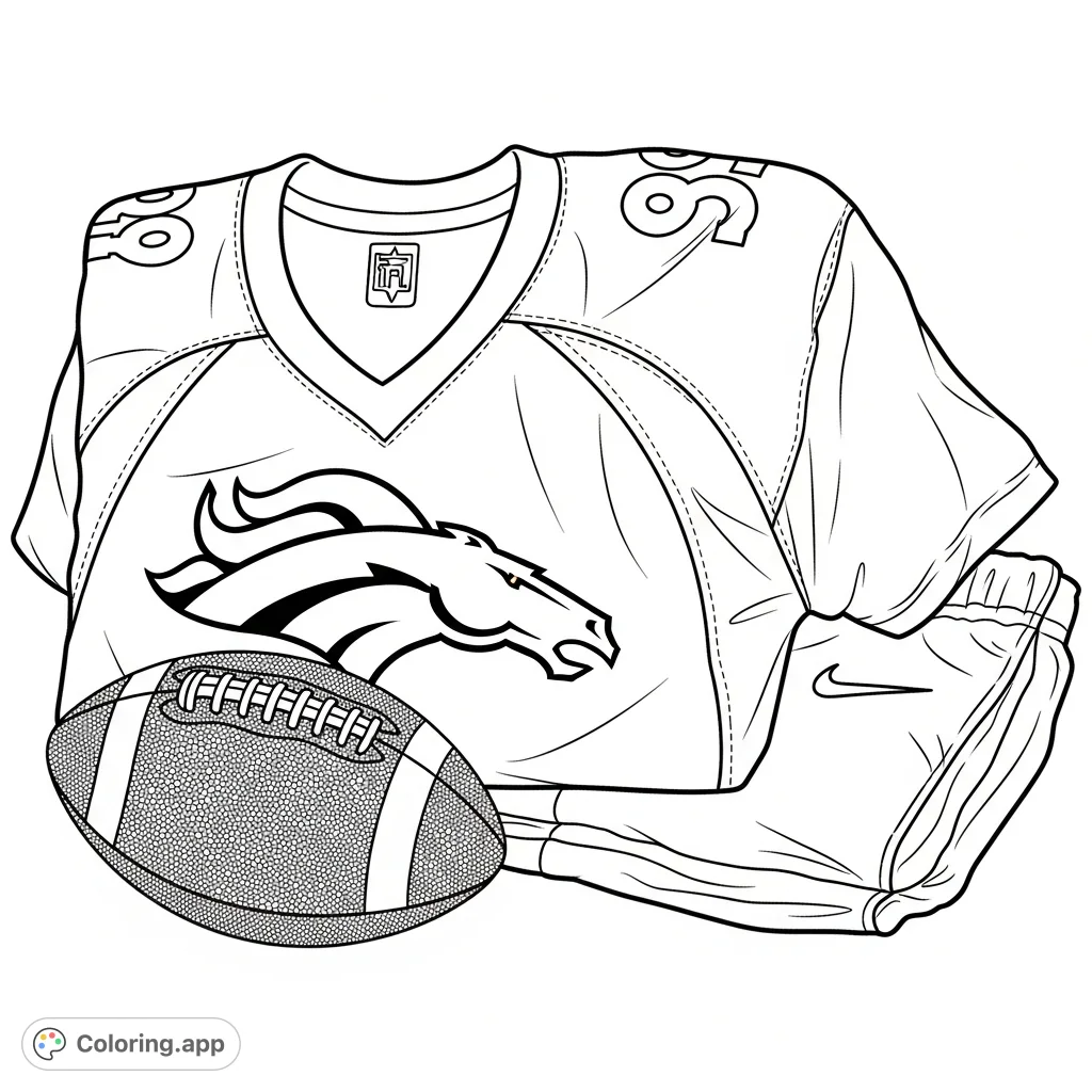 A classic Denver Broncos uniform, prominently displaying the iconic horse logo, with an American football alongside, ready for coloring.