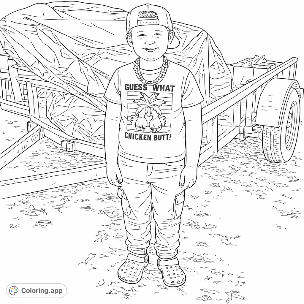 A cheerful boy in a 'Chicken Butt' t-shirt and backward cap stands proudly by a utility trailer. A fun and engaging scene for young artists to color.