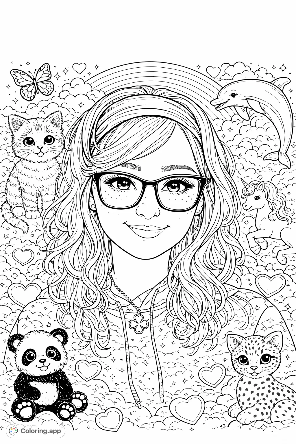 A vibrant, whimsical coloring page featuring a smiling woman amidst a kaleidoscope of stars, rainbows, and delightful creatures like unicorns, dolphins, and pandas.