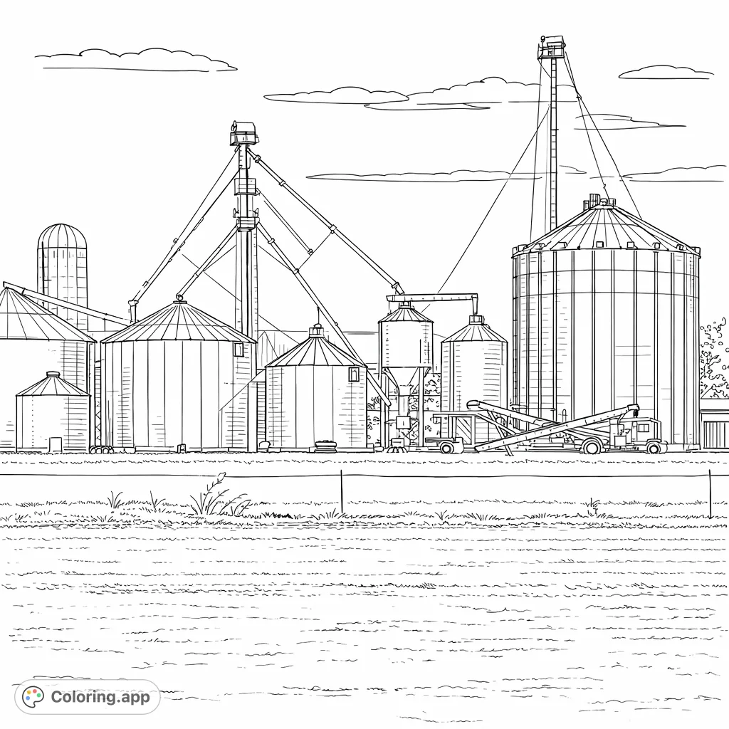 Explore a detailed farm scene featuring multiple grain silos, intricate agricultural machinery, and expansive fields under a broad, cloudy sky. Perfect for rural enthusiasts.