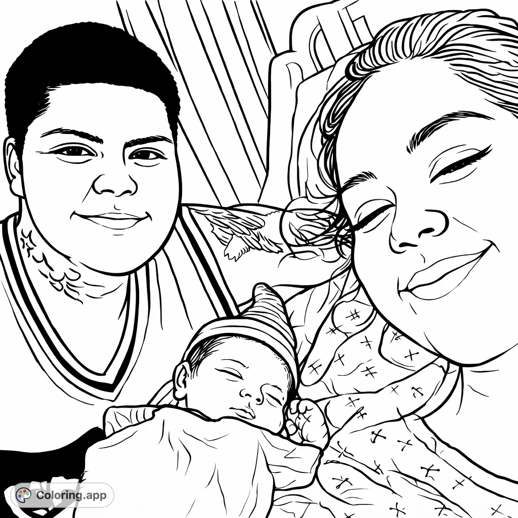 A heartwarming new family coloring page featuring proud parents gently holding their newborn baby. Perfect for celebrating new arrivals and family moments.