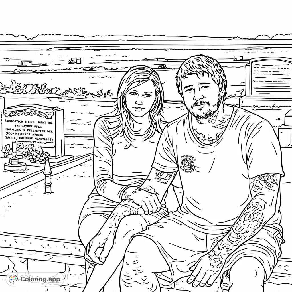 Capture a poignant moment of a couple amidst a solemn landscape. This detailed coloring page features intricate tattoos, gravestones, and a distant marsh.