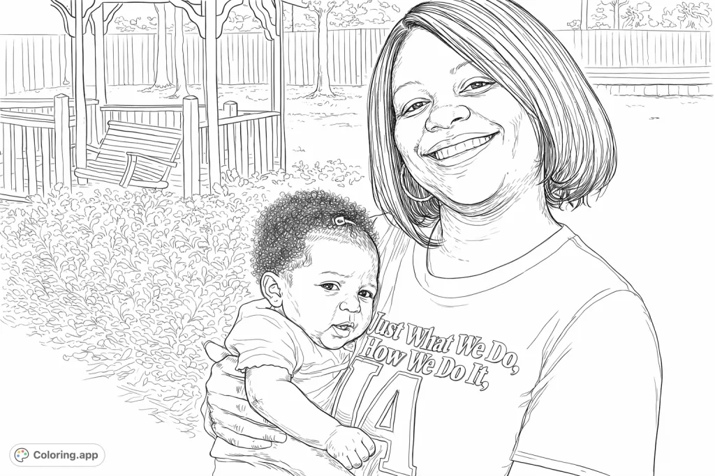 Capture a heartwarming moment with this realistic mother and baby coloring page. A loving embrace against an outdoor garden backdrop, perfect for creative expression.