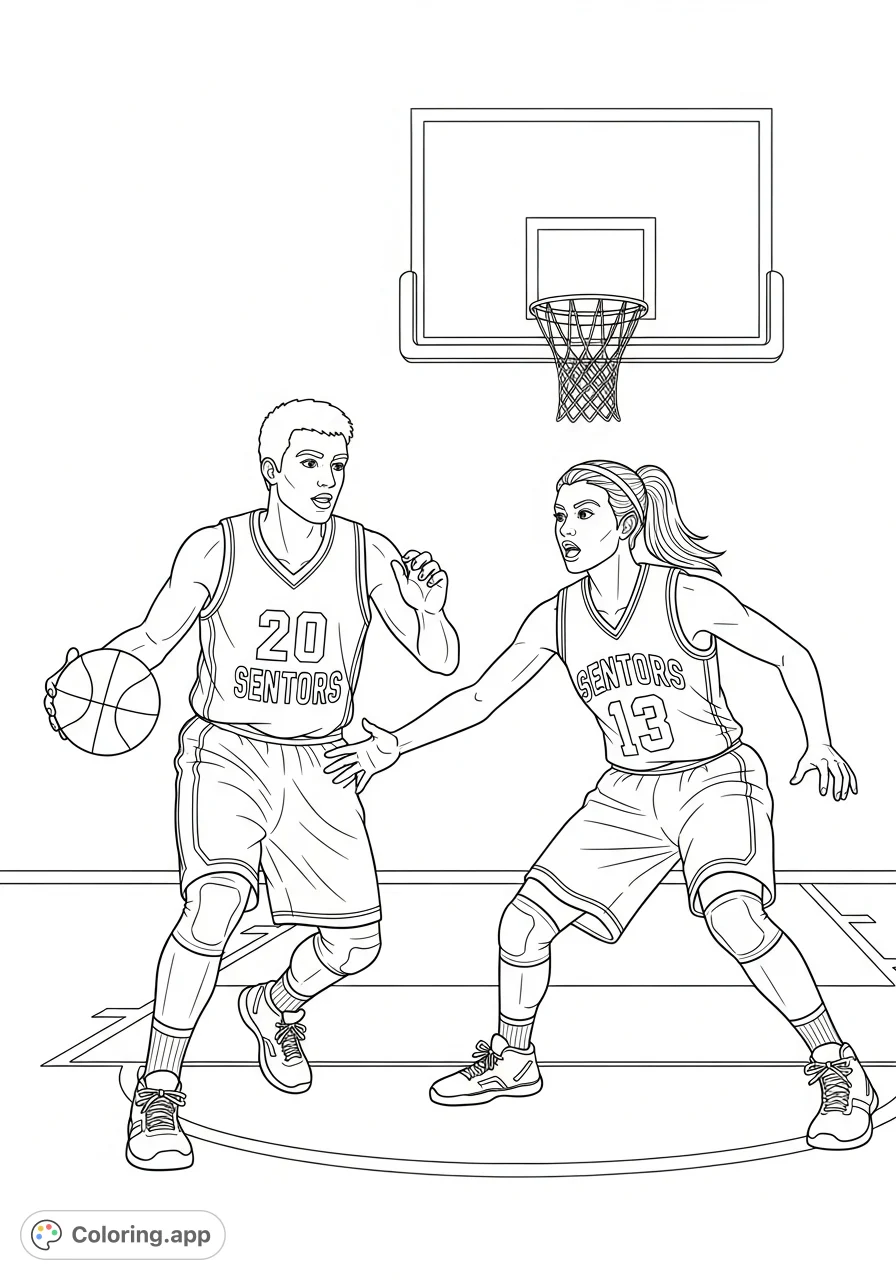 Capture the thrill of the game with a dynamic basketball coloring page featuring two players in an intense steal attempt on the court.
