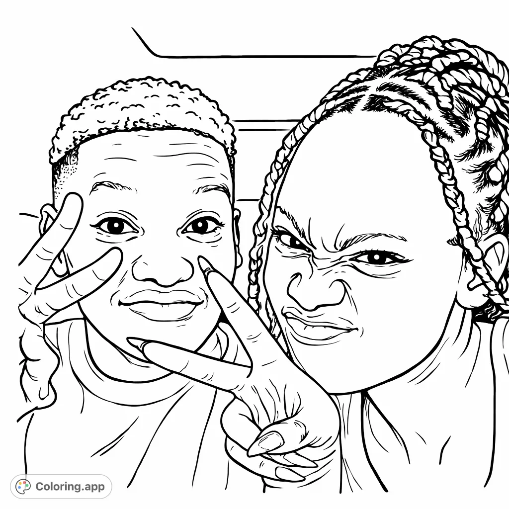 Capture the joyful expressions of two individuals making peace signs. A modern portrait, perfect for personalizing with vibrant colors.