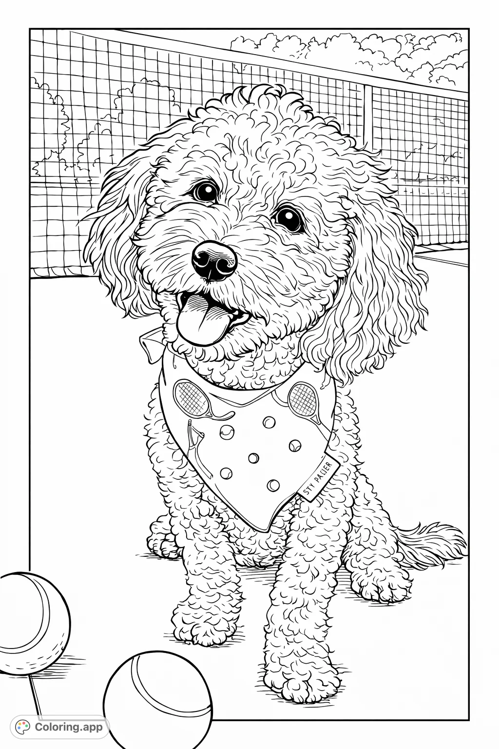 A cheerful, curly-haired dog sits on a tennis court, ready for play. Features a fun bandana, tennis balls, and a detailed net.
