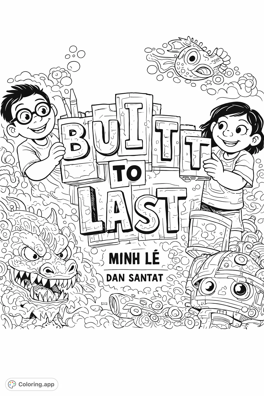A fun building block coloring page featuring two smiling children and various patterned construction blocks spelling 'Built to Last'. Ignite creativity!