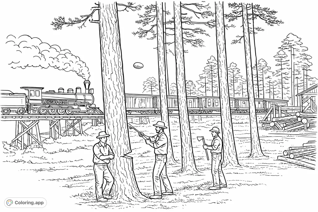 Explore a historical forest scene featuring men working among tall pine trees and a steam train crossing a wooden trestle. A detailed and engaging coloring page.