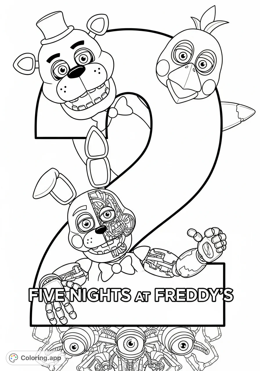 Step into the world of Five Nights at Freddy's with this thrilling coloring page! Featuring iconic animatronics peeking from a stylized numeral two, perfect for fans.