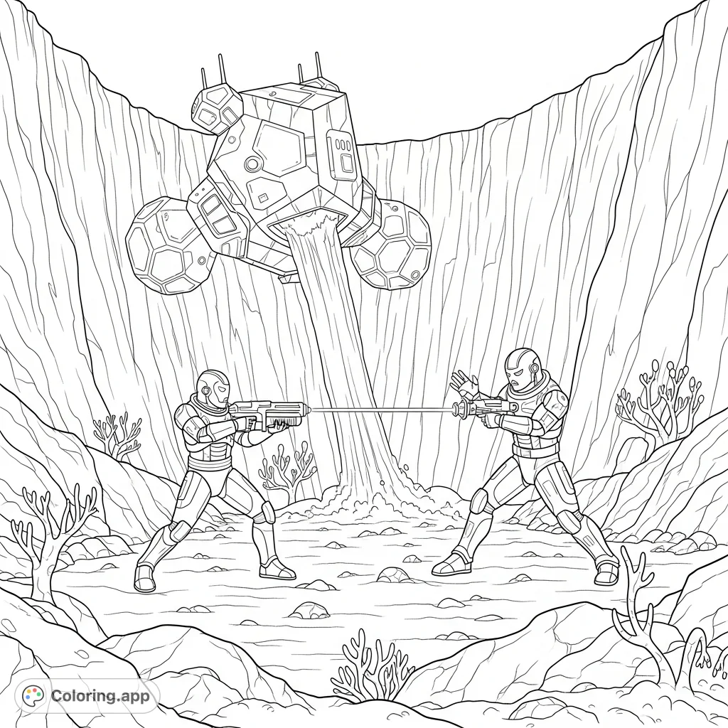 Dynamic laser fight between futuristic warriors in a rocky alien crater, with an alien ship in the background. A thrilling Star Wars fight coloring page.