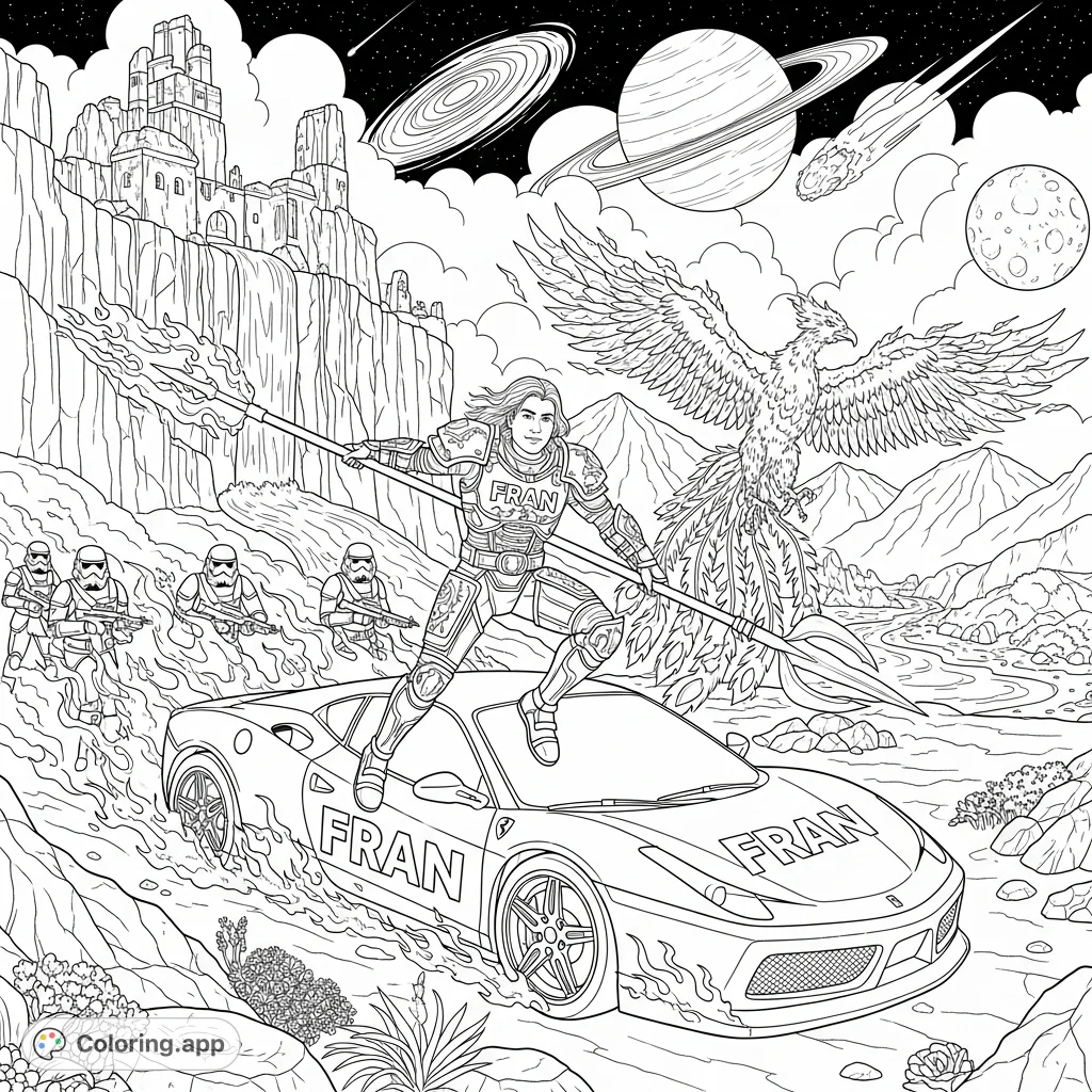 An action-packed coloring page featuring FRAN leaping from a flaming sports car, accompanied by a fire phoenix and soldiers, set against a cosmic backdrop.