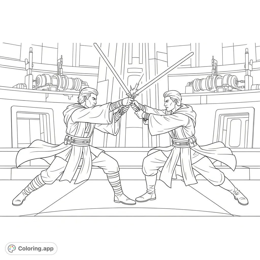Experience an epic Star Wars lightsaber duel featuring two valiant Jedi. Unleash your creativity on this thrilling battle scene, perfect for fans.
