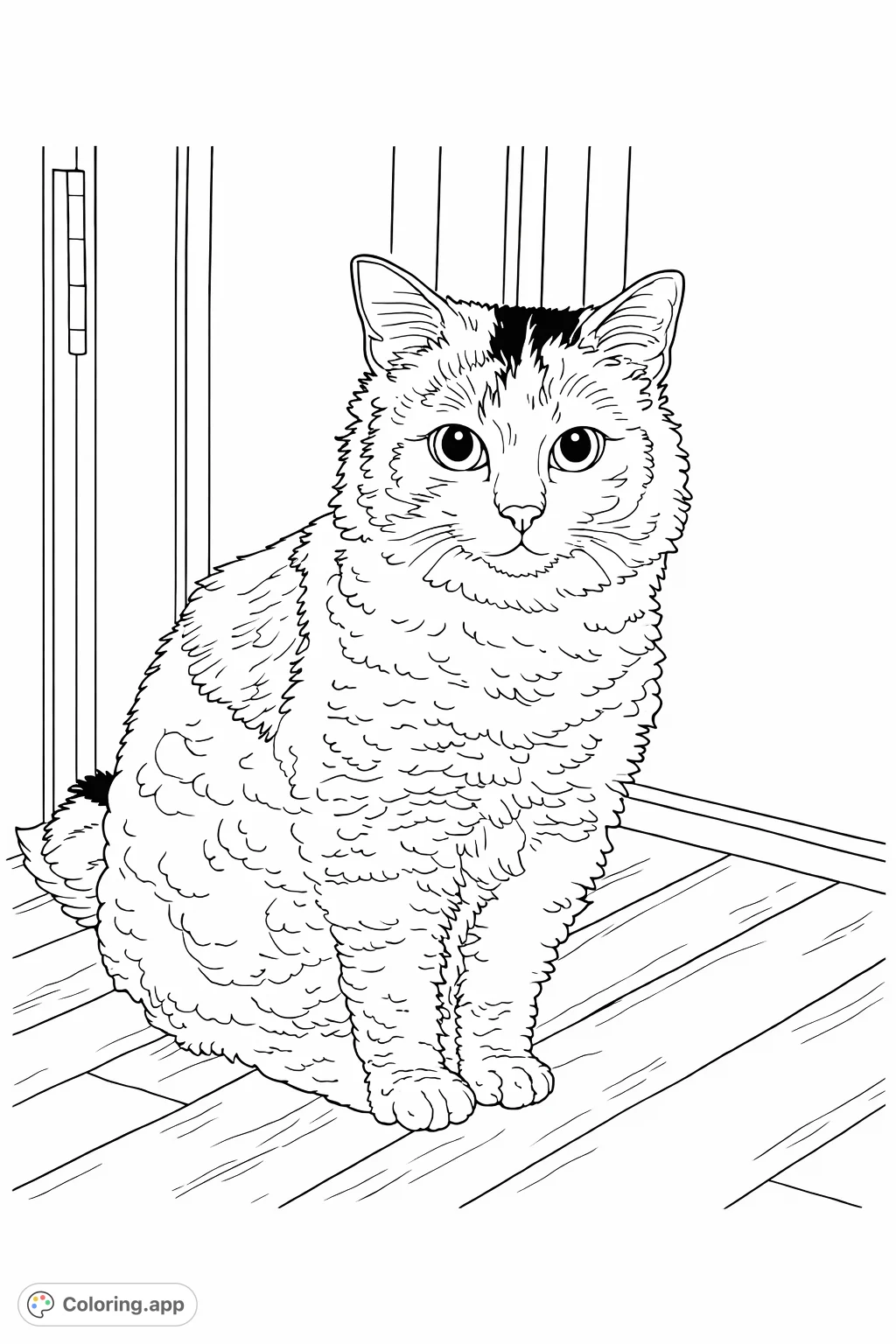 A charming cat with a unique curly coat and distinct patches sits poised, inviting imaginative coloring on its textured fur and patterned background.
