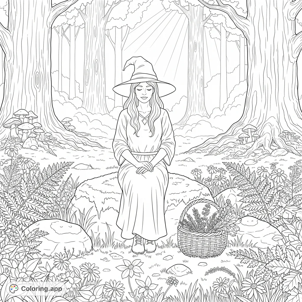 Discover a serene witch amidst a sun-dappled forest clearing, surrounded by ferns, wildflowers, and a basket of herbs. A tranquil scene for peaceful coloring.