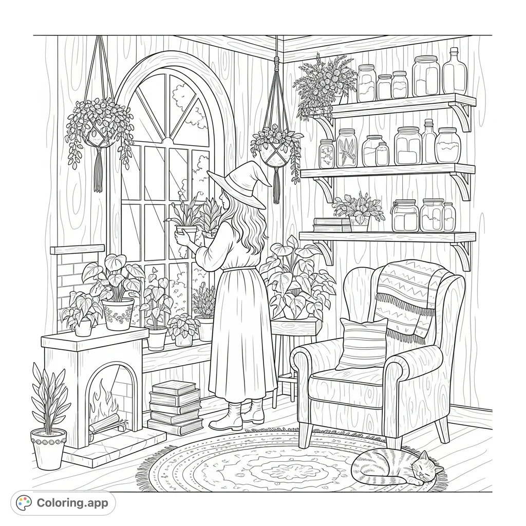 A cozy rustic woodland cottage scene featuring a witch tending plants by an arched window, surrounded by shelves of jars, an armchair, fireplace, and a sleeping tabby cat.