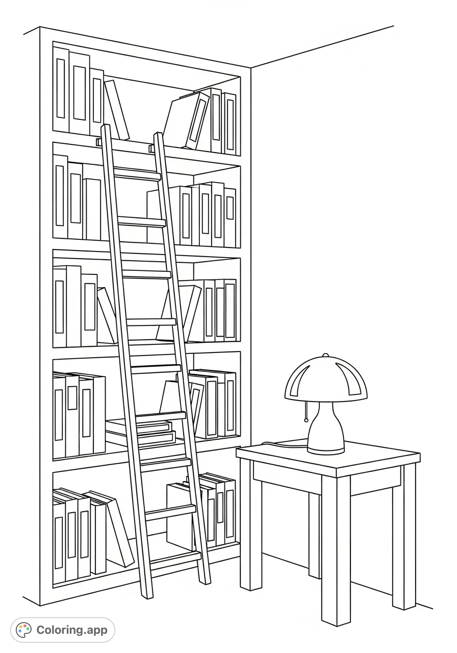 Immerse yourself in a tranquil corner library coloring page featuring a towering bookshelf, leaning ladder, and a glowing table lamp amidst simplified book shapes.