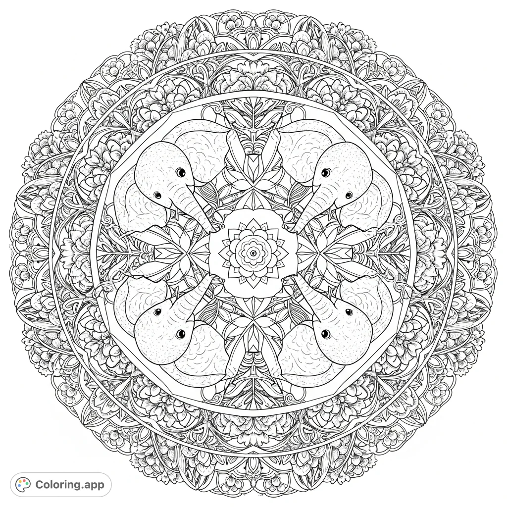 Discover a stunning mandala coloring page featuring cute, detailed elephants gracefully intertwined with magnificent floral designs and intricate geometric patterns.