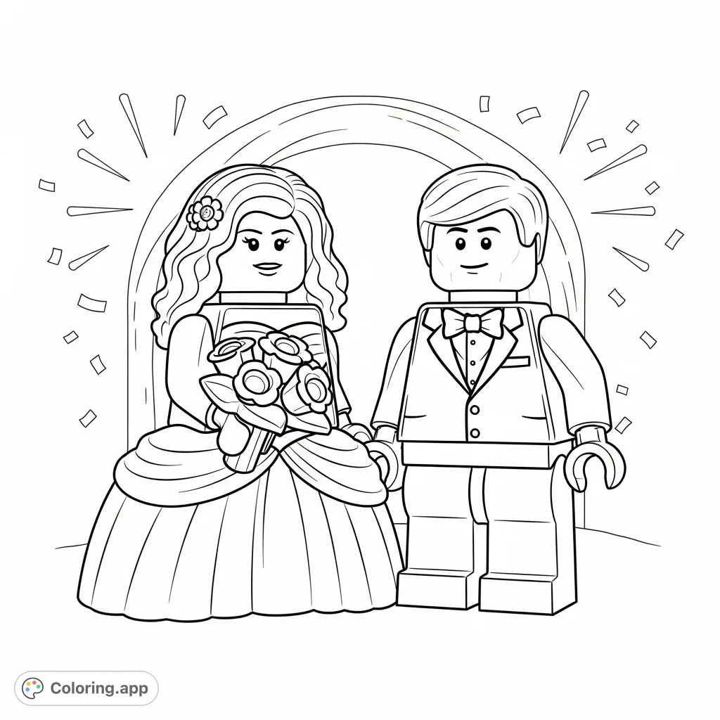 Celebrate love with this delightful free printable Lego minifigure wedding coloring page, featuring a charming bride with wavy hair and a dapper groom.