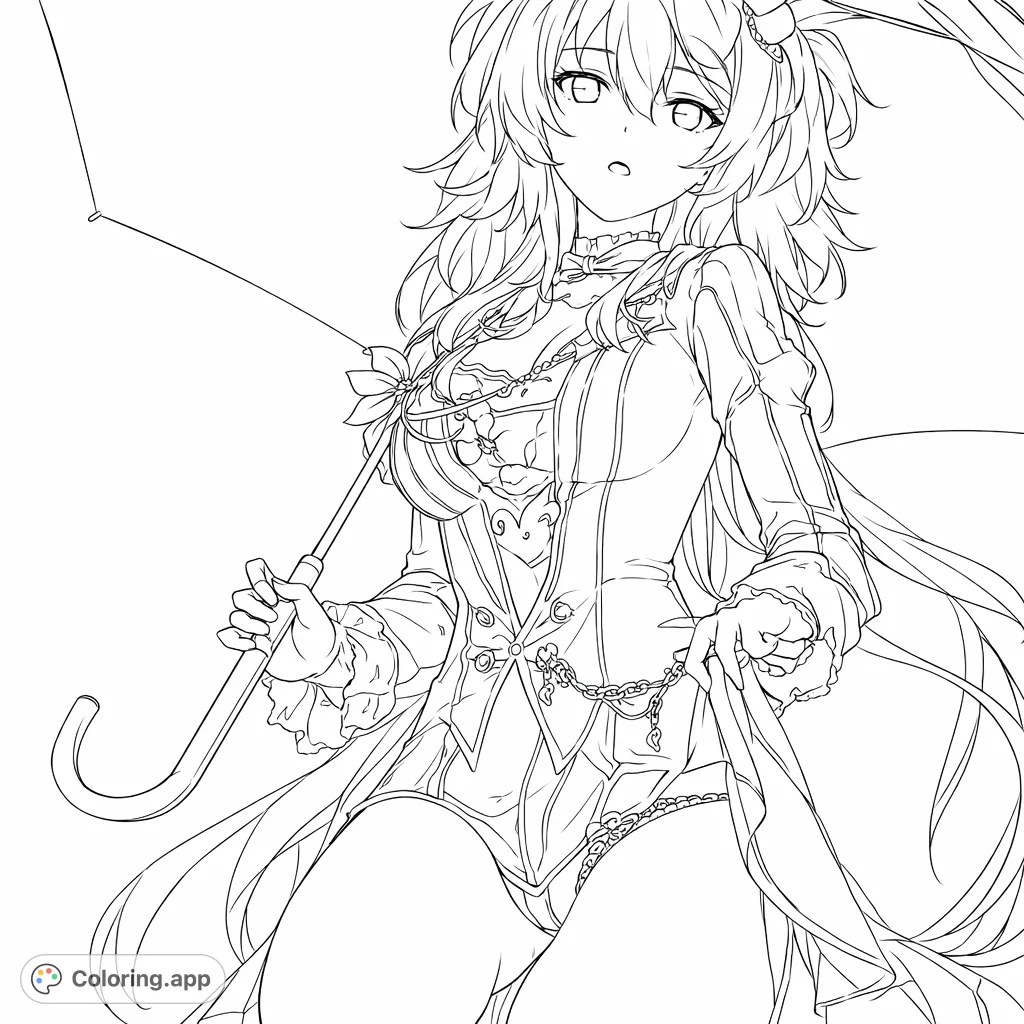 A stylish anime character with flowing hair and an ornate outfit, holding an umbrella. Perfect for fans of animated art and detailed fashion designs.