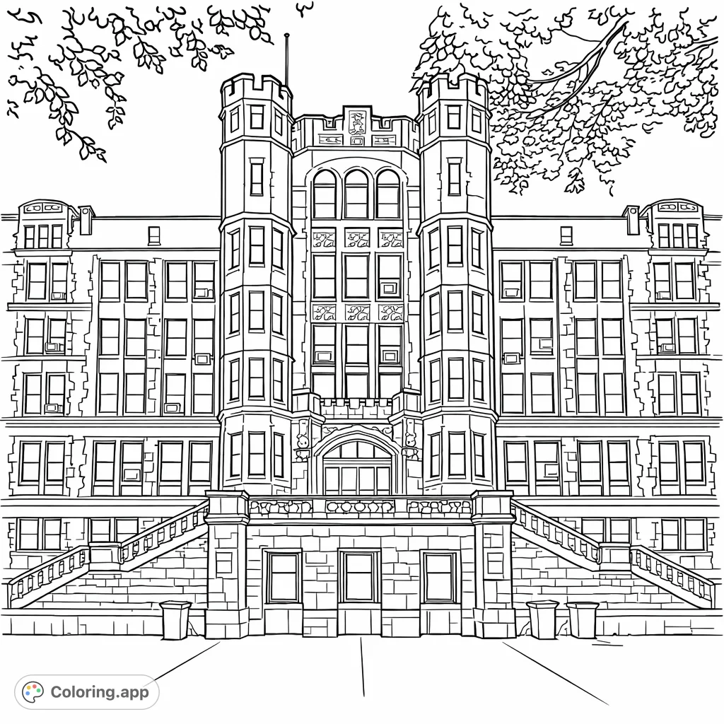 Explore this intricate historic building facade coloring page. Features a grand staircase, detailed brickwork, and ornate architectural elements for a challenging and rewarding experience.