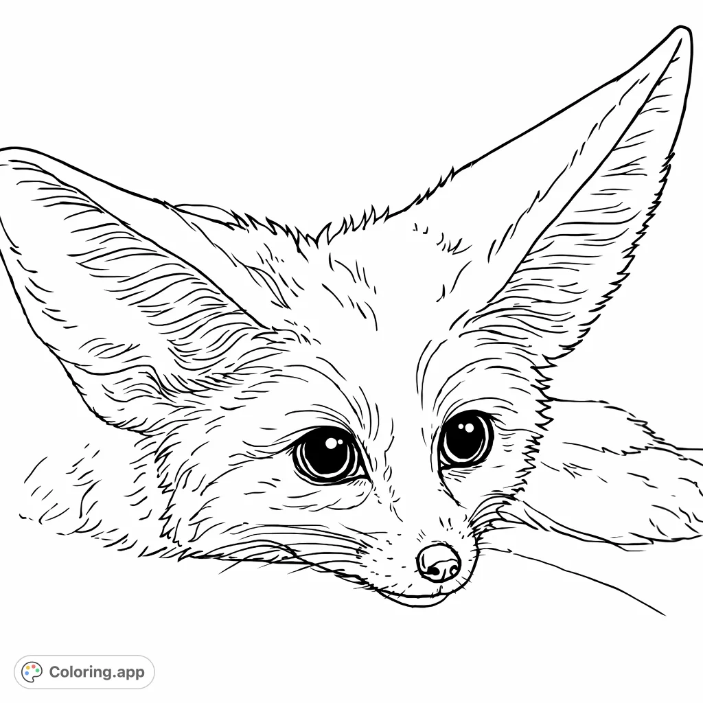 Capture the sweet essence of a fennec fox with prominent ears and expressive eyes in this charming coloring page, perfect for animal lovers.