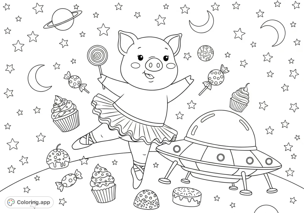 A whimsical scene of a cute pig in a ballerina dress dancing on a UFO, surrounded by sweets and stars. Perfect for a fun, imaginative coloring adventure!