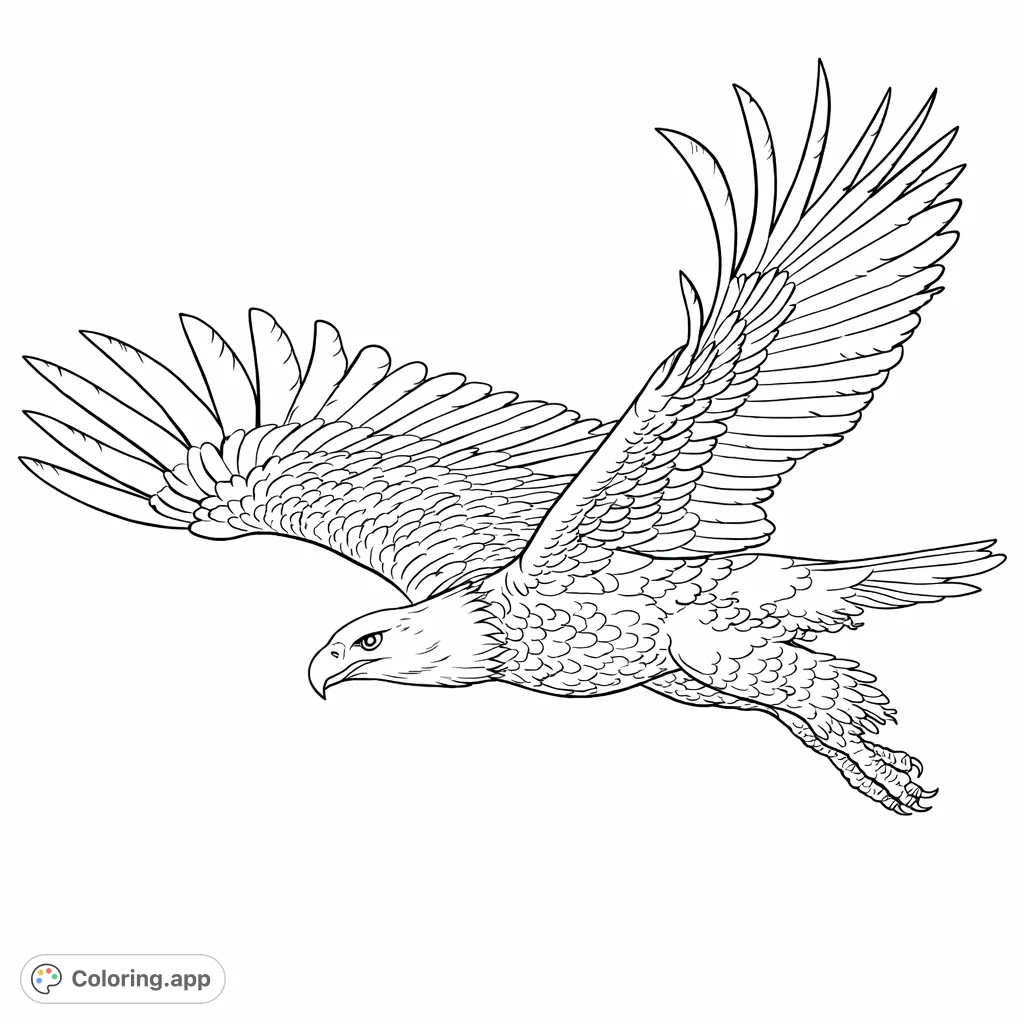 A majestic eagle soaring with wings spread wide, capturing its powerful flight and intricate feather details. A captivating scene for all ages.