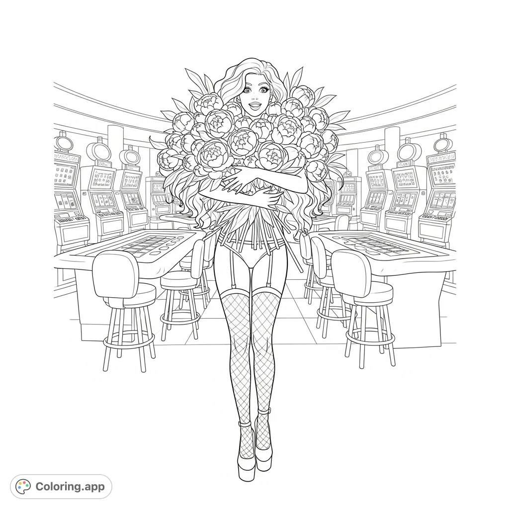 A glamorous woman joyfully embraces a large peony bouquet amidst a lively casino setting, capturing a moment of delightful surprise and sophistication.