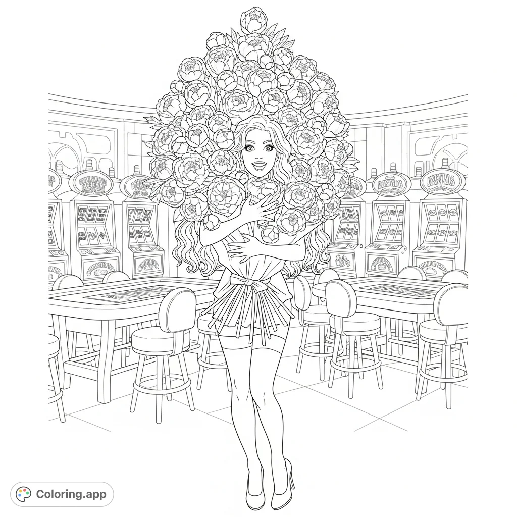 A glamorous woman in stockings and high heels joyfully embraces a large peony bouquet amidst a bustling casino backdrop, offering a sophisticated adult coloring page.