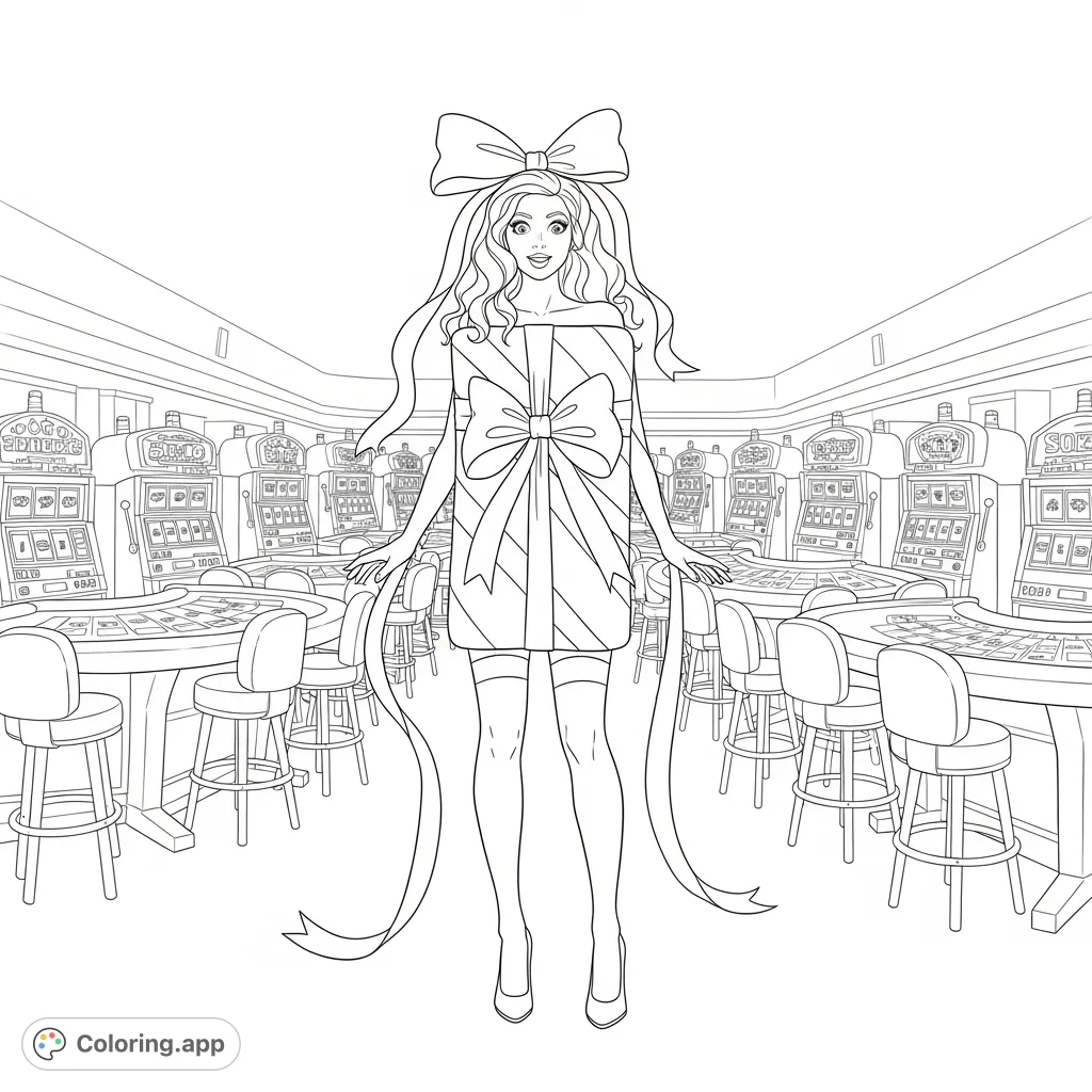 Discover a captivating casino scene featuring a girl uniquely dressed as a gift, with ribbons, bows, high heels, and stockings. A joyful surprise awaits!