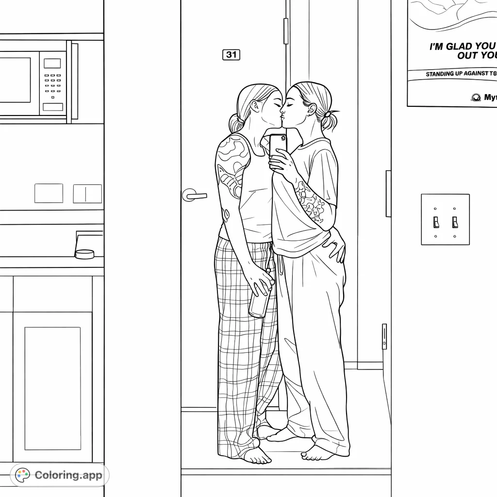 An intimate, romantic moment between two individuals captured in a mirror reflection, featuring a kiss, detailed arm tattoos, and patterned attire.