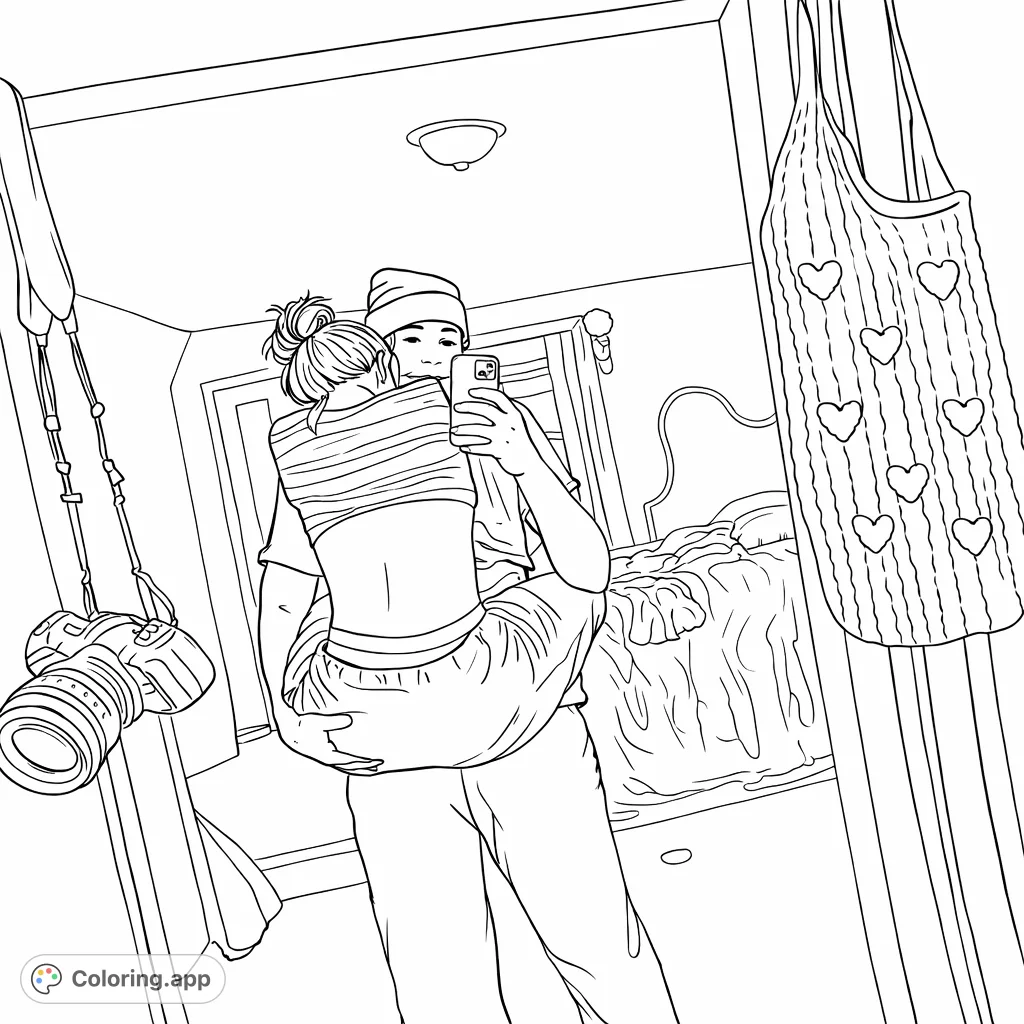 Capture a tender moment of two people embraced, reflected in a mirror, perfect for personal expression. This unique coloring page offers an intimate scene with expressive detail.