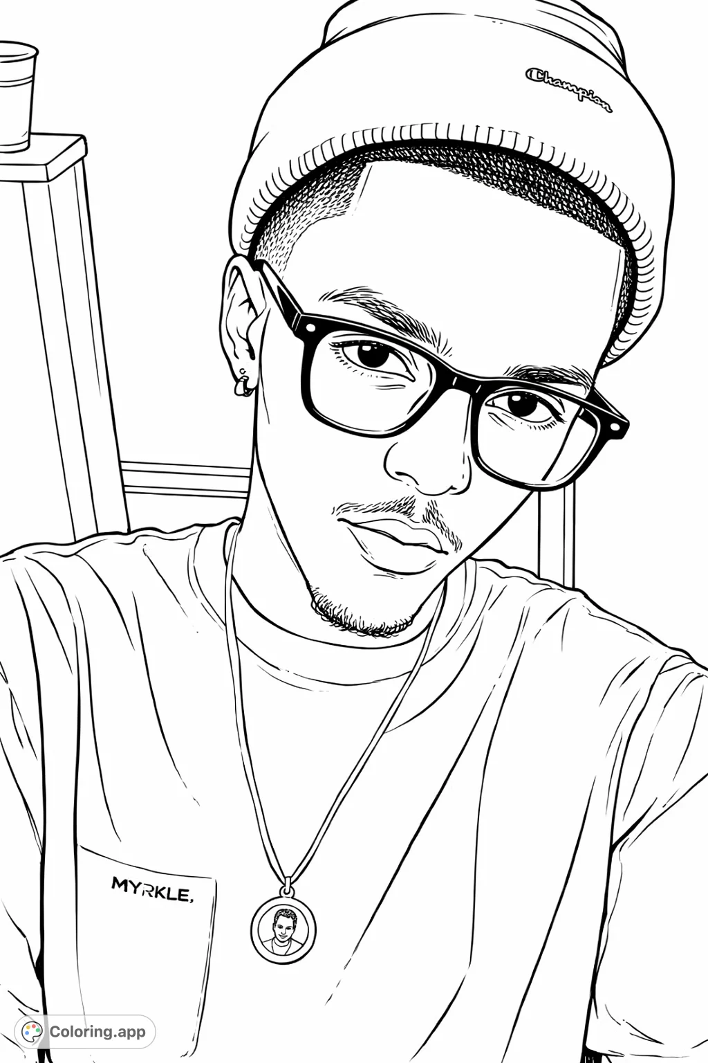 Engaging portrait of a young man wearing a beanie and stylish glasses, with a detailed necklace and casual attire, ready for your creative touch.