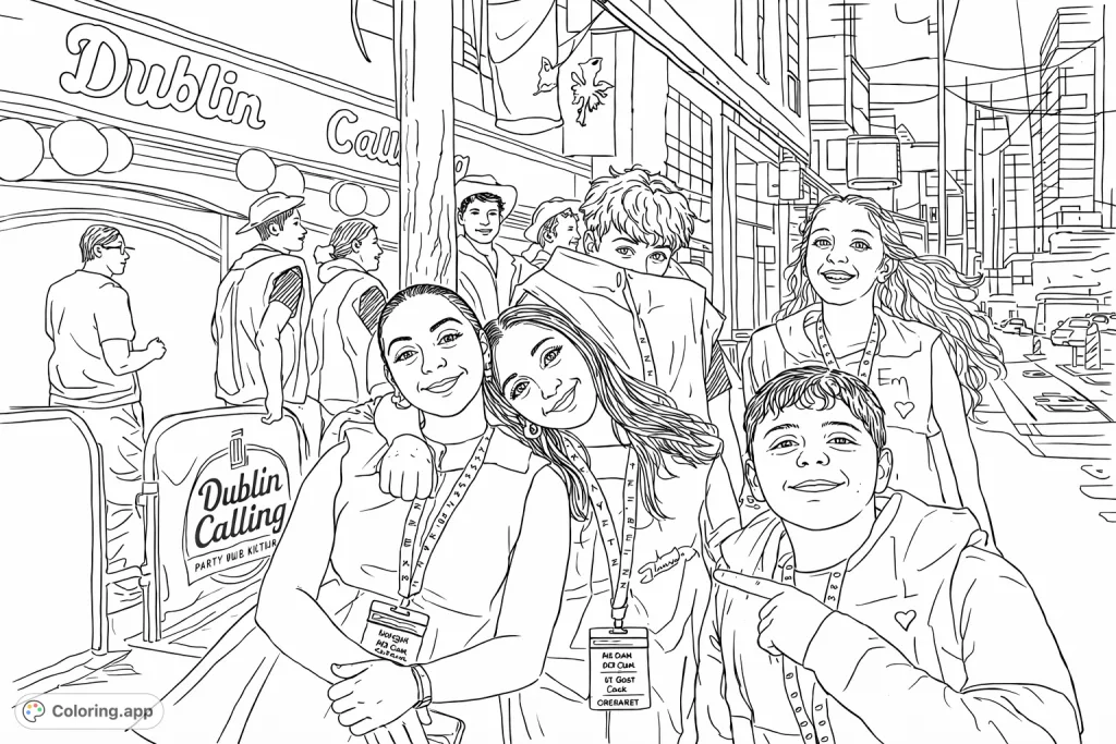 A lively group of friends enjoying a night out in an urban setting, posing with smiles and distinctive attire. A fun, engaging scene to color.