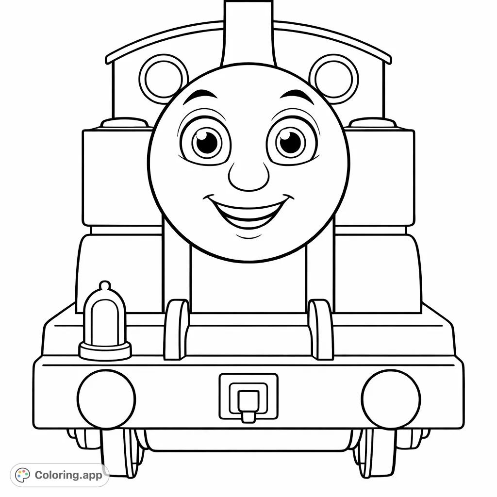 Color this cheerful train engine smiling brightly. A classic character ready for a vibrant adventure, perfect for young artists!