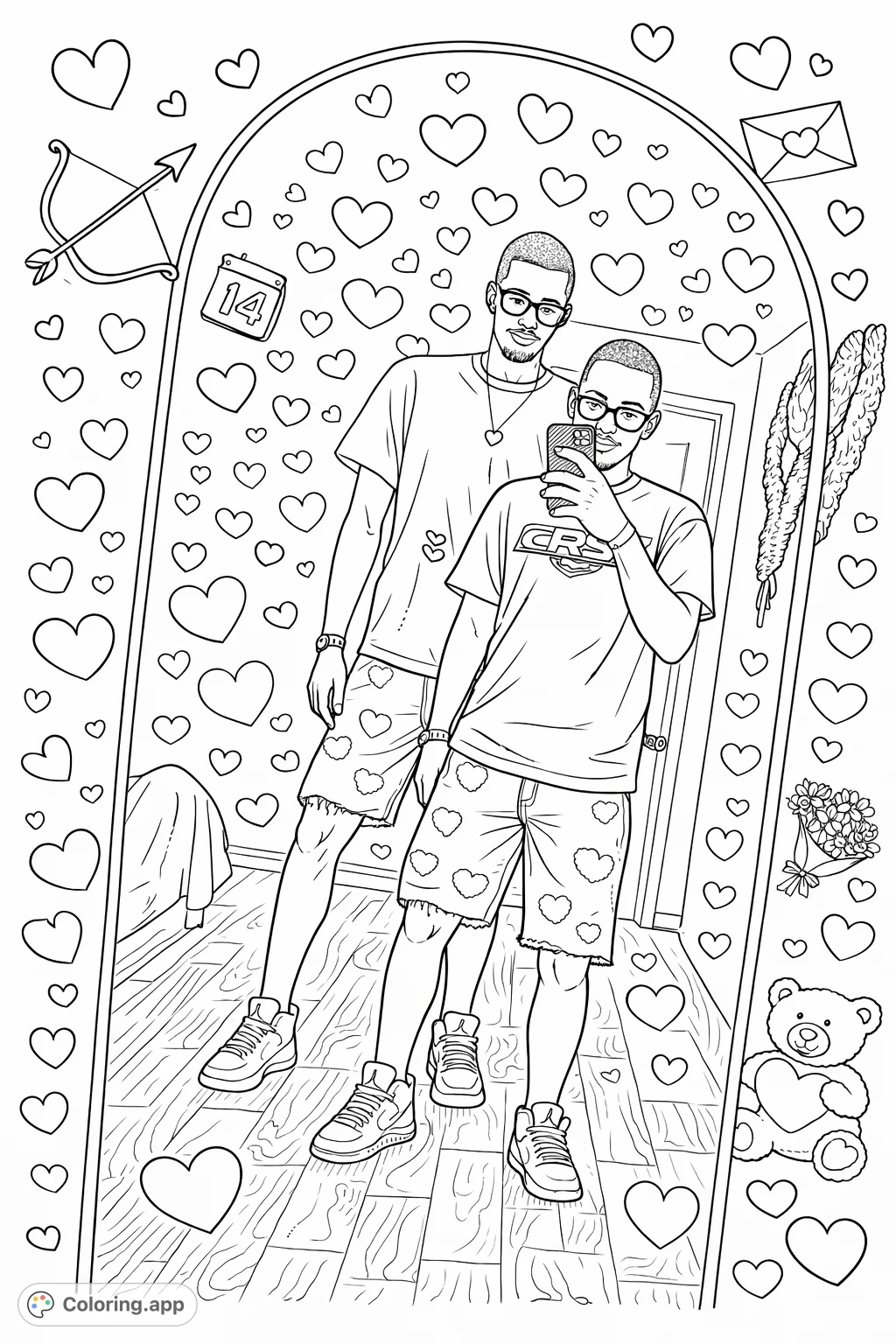 Capture casual fashion with this Valentine's Day themed coloring page! Two friends pose in a mirror, perfect for creative expression.