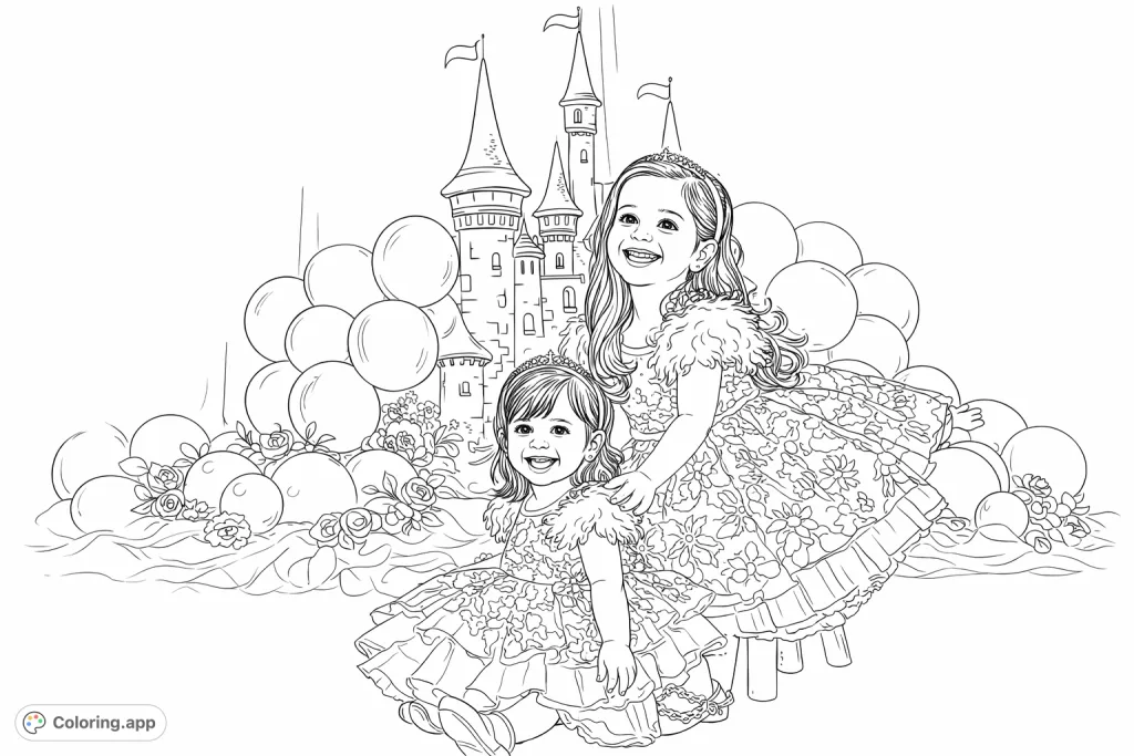 Two happy girls in elaborate dresses pose before a grand fairytale castle, surrounded by balloons and flowers. A magical princess coloring page!