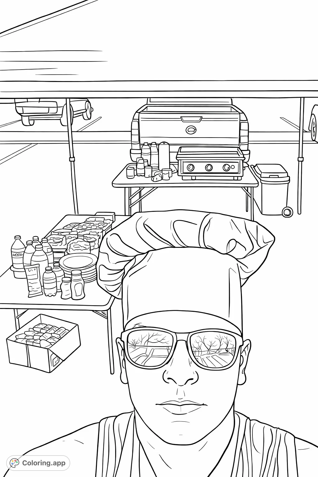 Get ready to color a fun outdoor grilling scene! A chef in a hat and sunglasses presides over tables filled with snacks, drinks, and a portable grill.