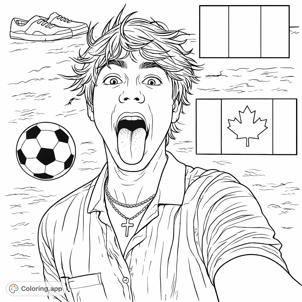 Capture a playful moment with a young person making a funny face, surrounded by international flags and a soccer ball, set against a textured background.