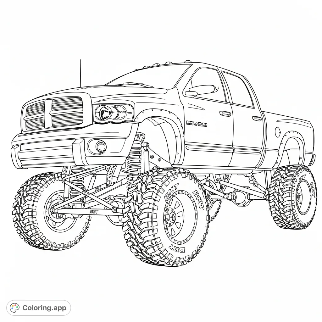 Unleash your creativity on a powerful 2005 Dodge Ram with a 6-inch lift and aggressive BKT 4-wheeler tires. A challenging and rewarding coloring page!